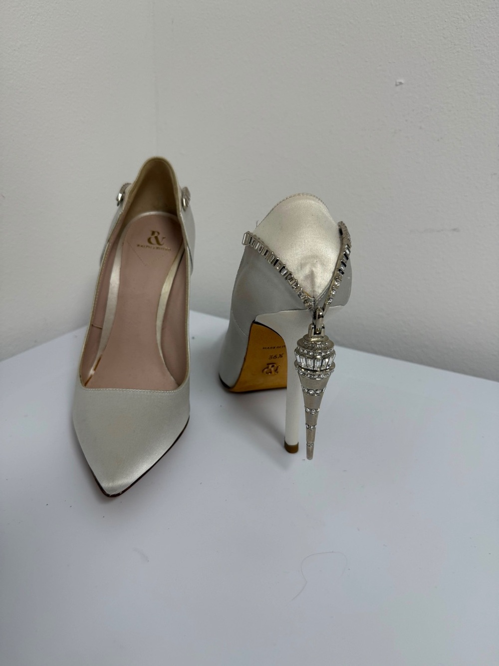 Embellished Ivory Satin Stiletto Heels